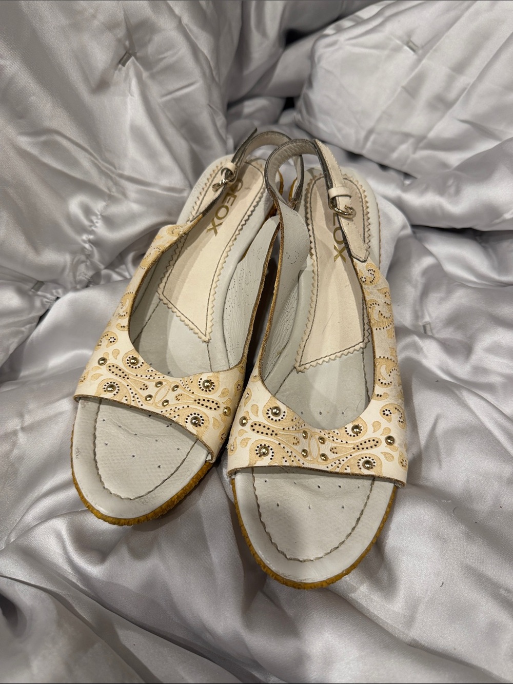 Geox Cream and Gold Embellished Slingback Sandals